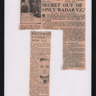 Newspaper cuttings - secret out on only radar V.C and followed father won V.C.