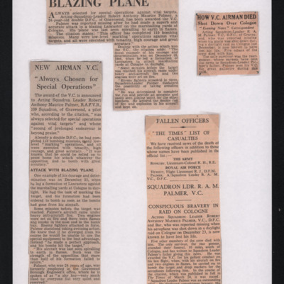 Newspaper cuttings concerning Robert Palmers Victoria Cross final operation