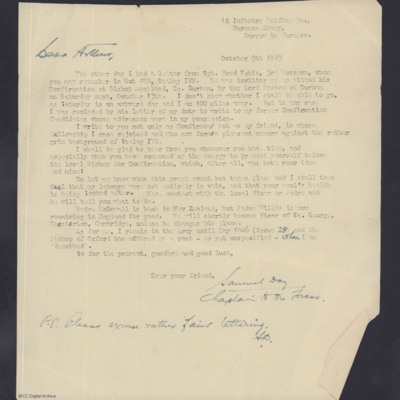 Letter to Arthur Hope from Samuel Day