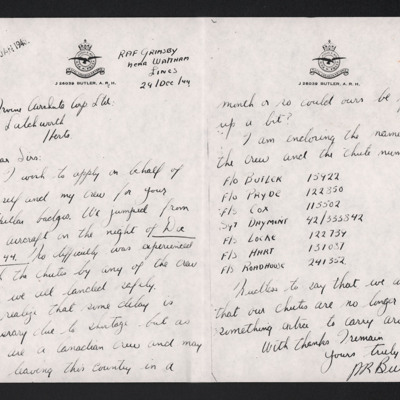 Letter from F/O P R Butler to the Irvin parachute company