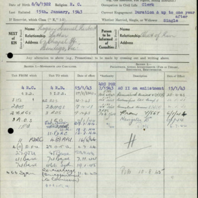 P J Hogan RAAF airman&#039;s record sheet
