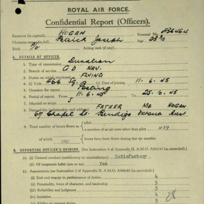 RAF Confidential report Pilot Officer P J Hogan on posting