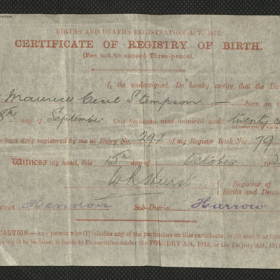 Maurice Stimpson&#039;s Birth Certificate