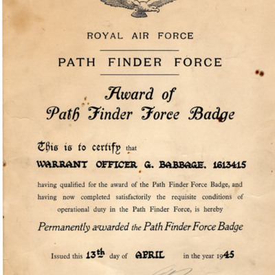 Gordon Babbage&#039;s award of Path Finder Force Badge