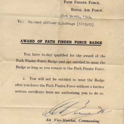 Gordon Babbage&#039;s award of the Path Finder Force Badge