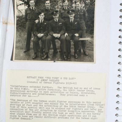Photograph of seven aircrew and extract from Adolf Garland book