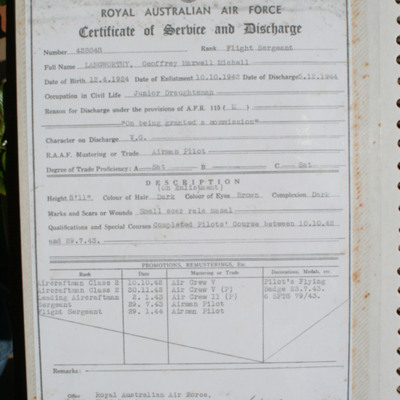 RAAF certificate of service and discharge