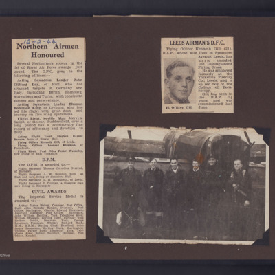 Newspaper cuttings and photograph of bomber crew