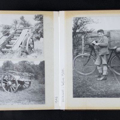 Damaged carts and boy with a bicycle