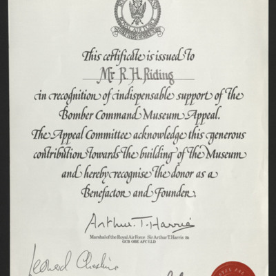 Ron Riding&#039;s Certificate of Support for the Bomber Command Museum Appeal