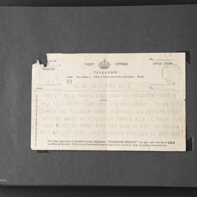 Telegram to Robert Palmers father