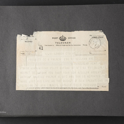 Telegram to Robert Palmers father from the air ministry