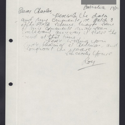 Letter to Charles from Roy J de Niese