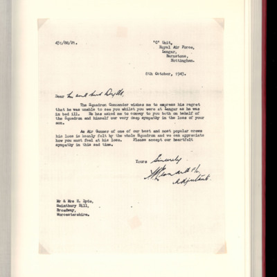 Letter to Fred Dyde&#039;s Parents from his Squadron Commander