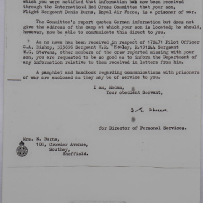 Letter to Mrs E Burns from RAF director of personal services
