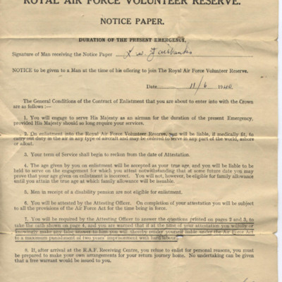 Leonard William Fairbanks&#039; Royal Air Force Volunteer Reserve notice paper