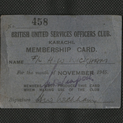 British united services officers club Karachi - membership card