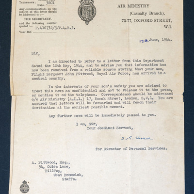 Letter to Jack Pittwood&#039;s Father from Air Ministry