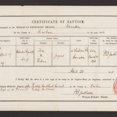 Reg Jaques baptism certificate