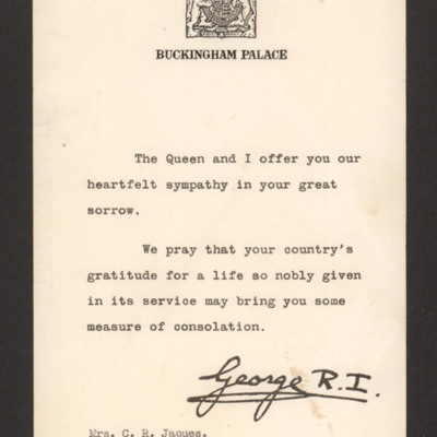 Consolation letter from Buckingham Palace