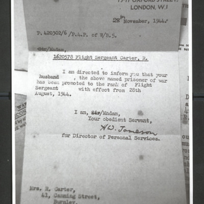 Letter to Ron Carter&#039;s Wife from Air Ministry