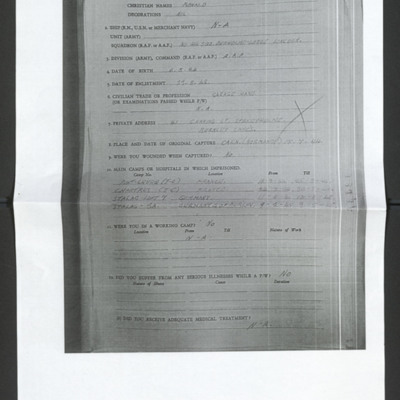 General Questionnaire for British/American ex-Prisoners of War