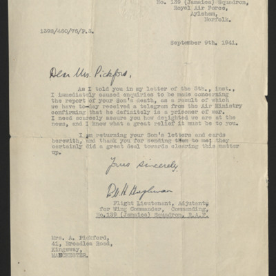 Letter to Les Pickford&#039;s Mother from 139 Squadron