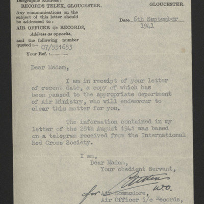 Letter to Les Pickford&#039;s Mother from RAF Record Office