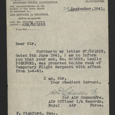 Letter to Les Pickford&#039;s Father from RAF Record Office