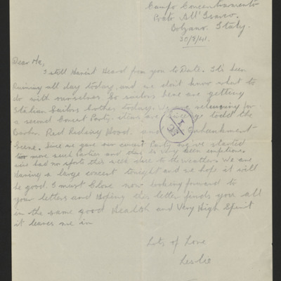 Letter from Les Pickford to his mother