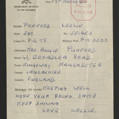 Greetings Telegram from Les Pickford to his mother
