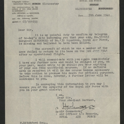 Letter to F Ditchford&#039;s father from RAF Record Office