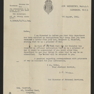Letter to Les Pickford&#039;s Mother from Air Ministry