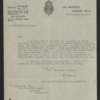 Letter to Les Pickford&#039;s Father from Air Ministry