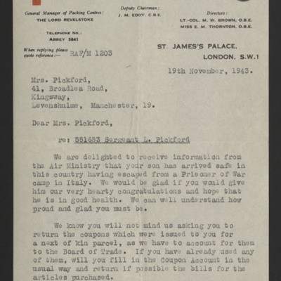 Letter to Les Pickford&#039;s Mother from Red Cross