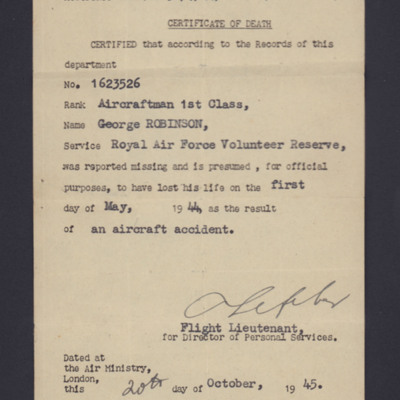 George Robinson, certificate of death
