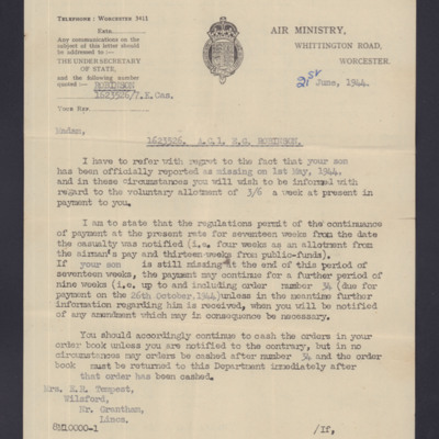 Letter from the Air Ministry to Mrs RE Tempest