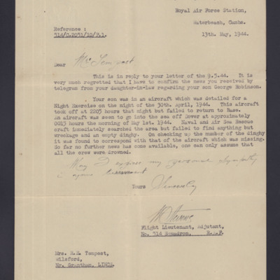Letter from 514 Squadron RAF to Mrs RE Tempest