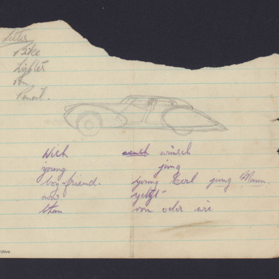 Notes with a sketch of a car
