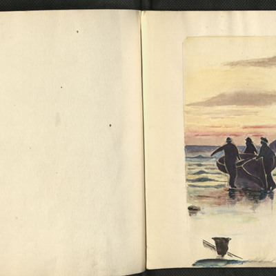 Watercolour of Three Men Launching a Dinghy