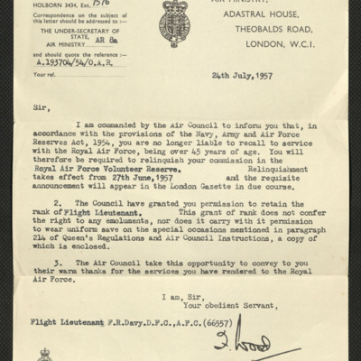 Letter to Frederick Davy from Air Ministry