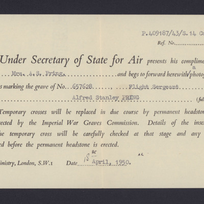 Correspondence regarding Alfred Stanley Pring&#039;s grave 
