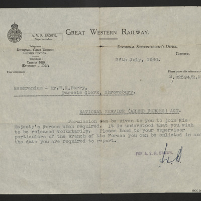 Letter to Bill Parry from Great Western Railway