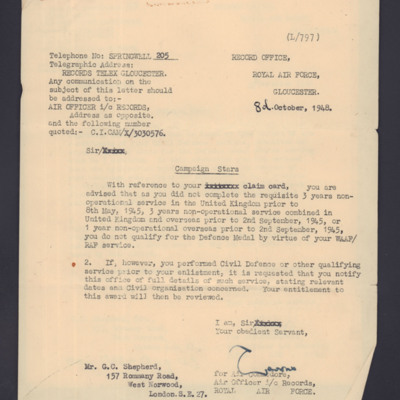 Letter to George Shepherd from RAF records