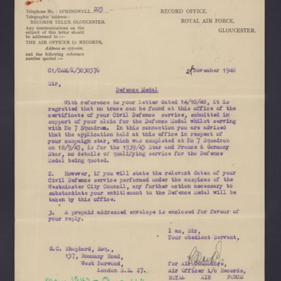 Letter to George Shepherd from RAF records  concerning claim for Defence Medal