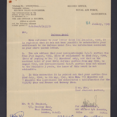 Letter to George Shepherd from RAF records concerning claim for Defence Medal