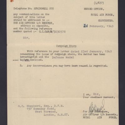 Letter to George Shepherd from RAF records concerning claim for Defence Medal