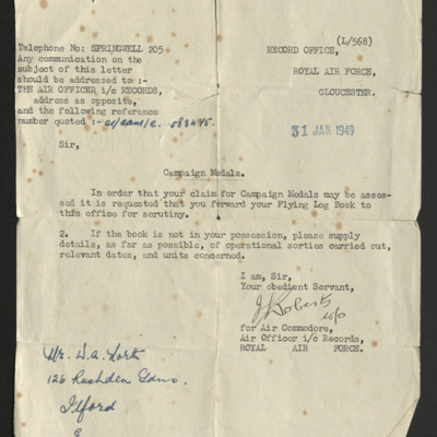 Letter to Alan North from RAF Record Office