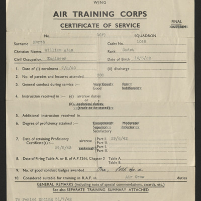 Air Training Corps Certificate of Service