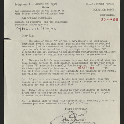 Letter to Don Sparkes from RAF Record Office